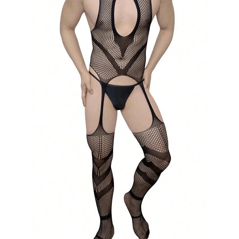 Sexy Men's Pajamas One-Piece – Transparent Crotchless Bodystocking & Erotic Sleeveless Jumpsuit - Passion Pulse Adult
