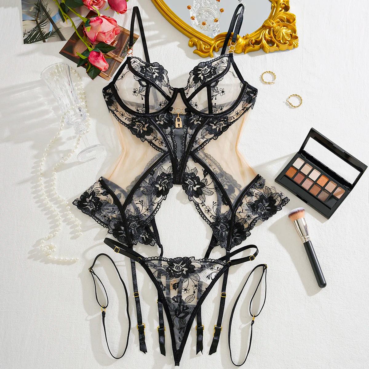 Sheer Lace 3-Piece Lingerie Set | Sexy Fit - Passion Pulse Adult