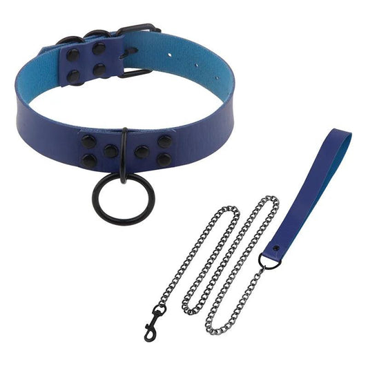 Adjustable BDSM Collar with Leash – Rivet Choker and Steel Chain Set for Couples Roleplay and Bondage Play - Passion Pulse Adult
