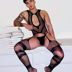 Sexy Men's Pajamas One-Piece – Transparent Crotchless Bodystocking & Erotic Sleeveless Jumpsuit - Passion Pulse Adult