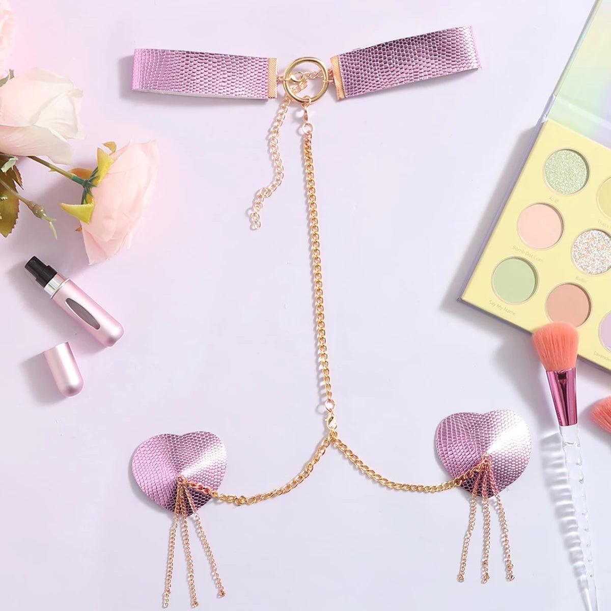 Heart Tassel Leather Nipple Covers with Chain & Choker - Passion Pulse Adult