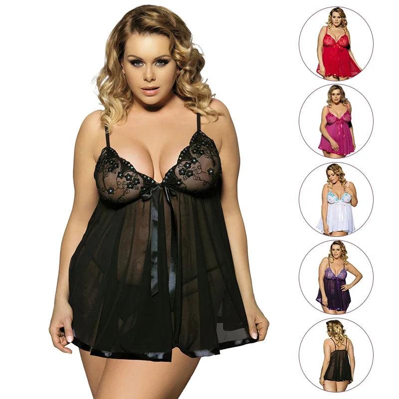 Sexy Plus Size Lingerie – Transparent Lace Babydoll V-Neck Mesh Pajamas (Up to 6XL) - Passion Pulse Adult