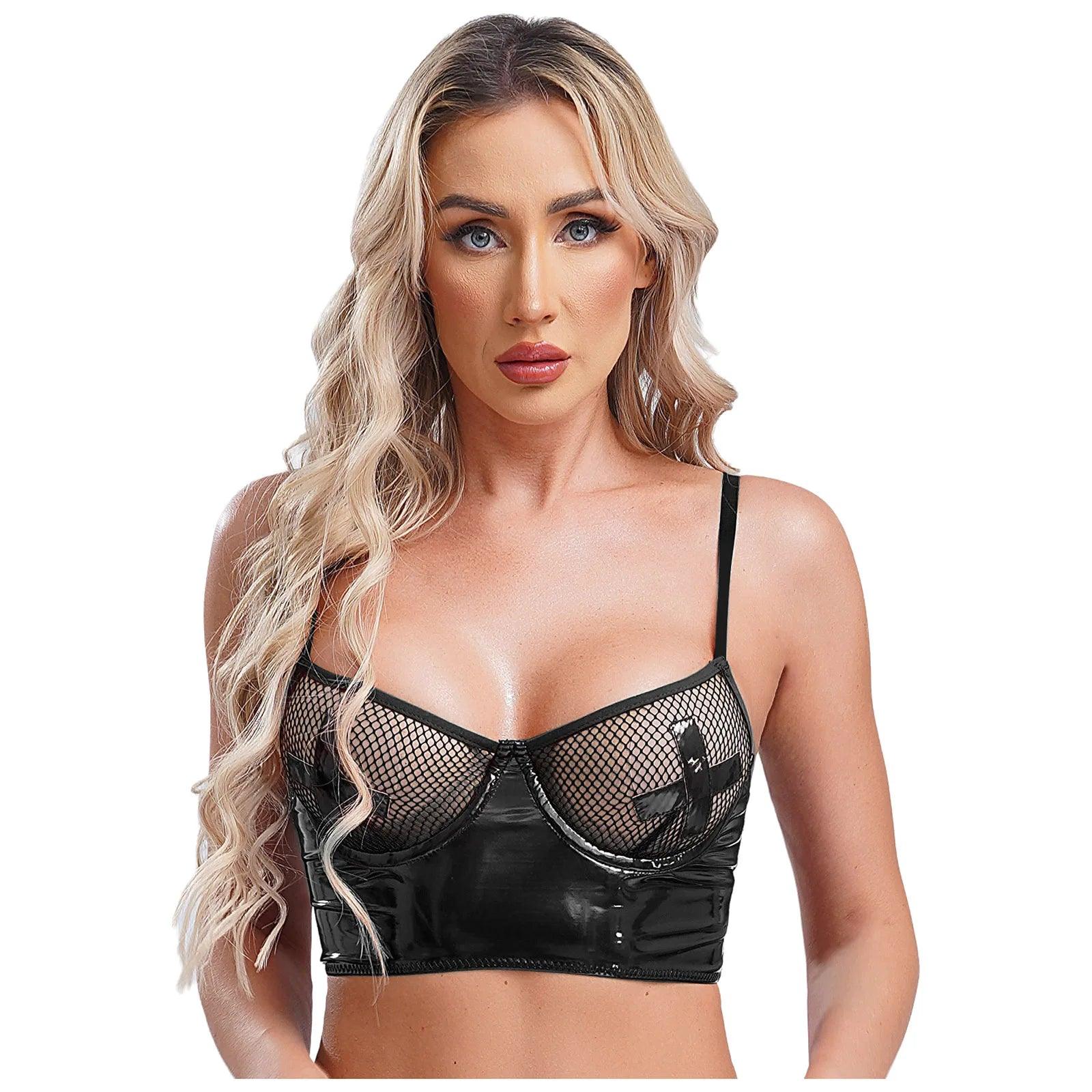 Wet Look Mesh Balconette Bra | Sexy Lingerie - Passion Pulse Adult
