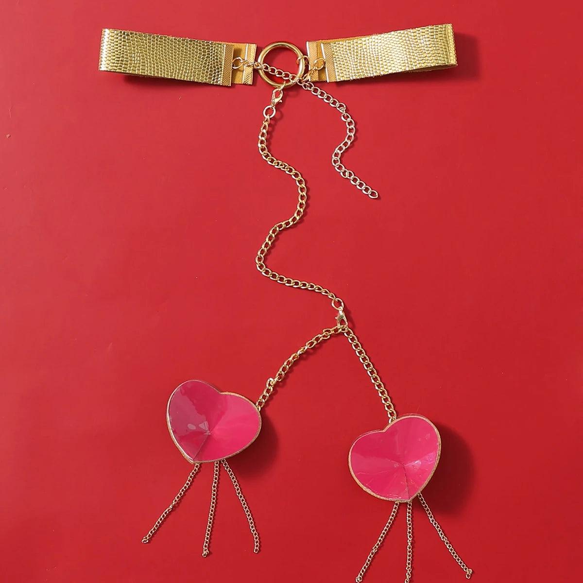 Heart Tassel Leather Nipple Covers with Chain & Choker - Passion Pulse Adult