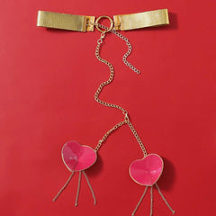 Heart Tassel Leather Nipple Covers with Chain & Choker - Passion Pulse Adult