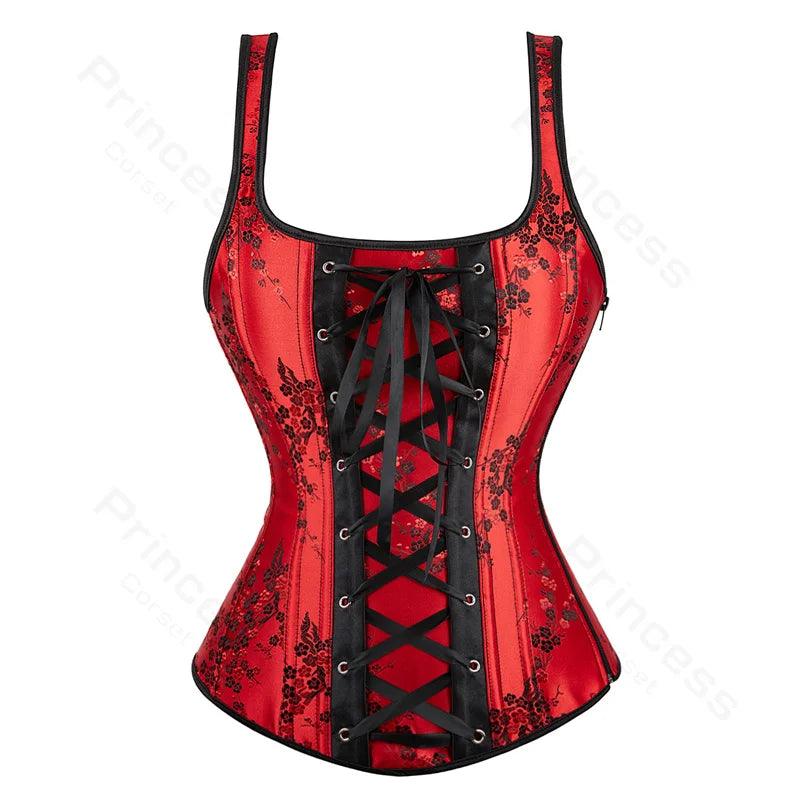 Women’s Floral Jacquard Overbust Corset – Gothic Steampunk Zipper Bustier with Straps - Passion Pulse Adult