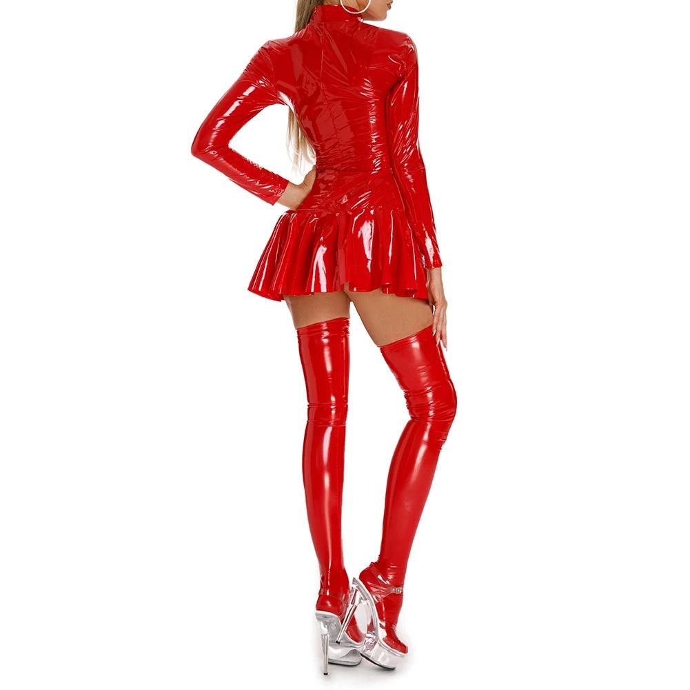 Wet Look PVC Leather Zip-Up Dress | Sexy Fit - Passion Pulse Adult