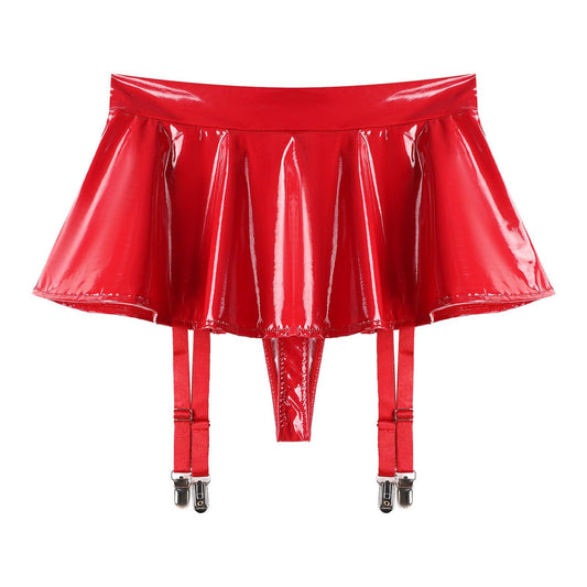 Wet Look Mini Skirt with Garter & Thong - Passion Pulse Adult