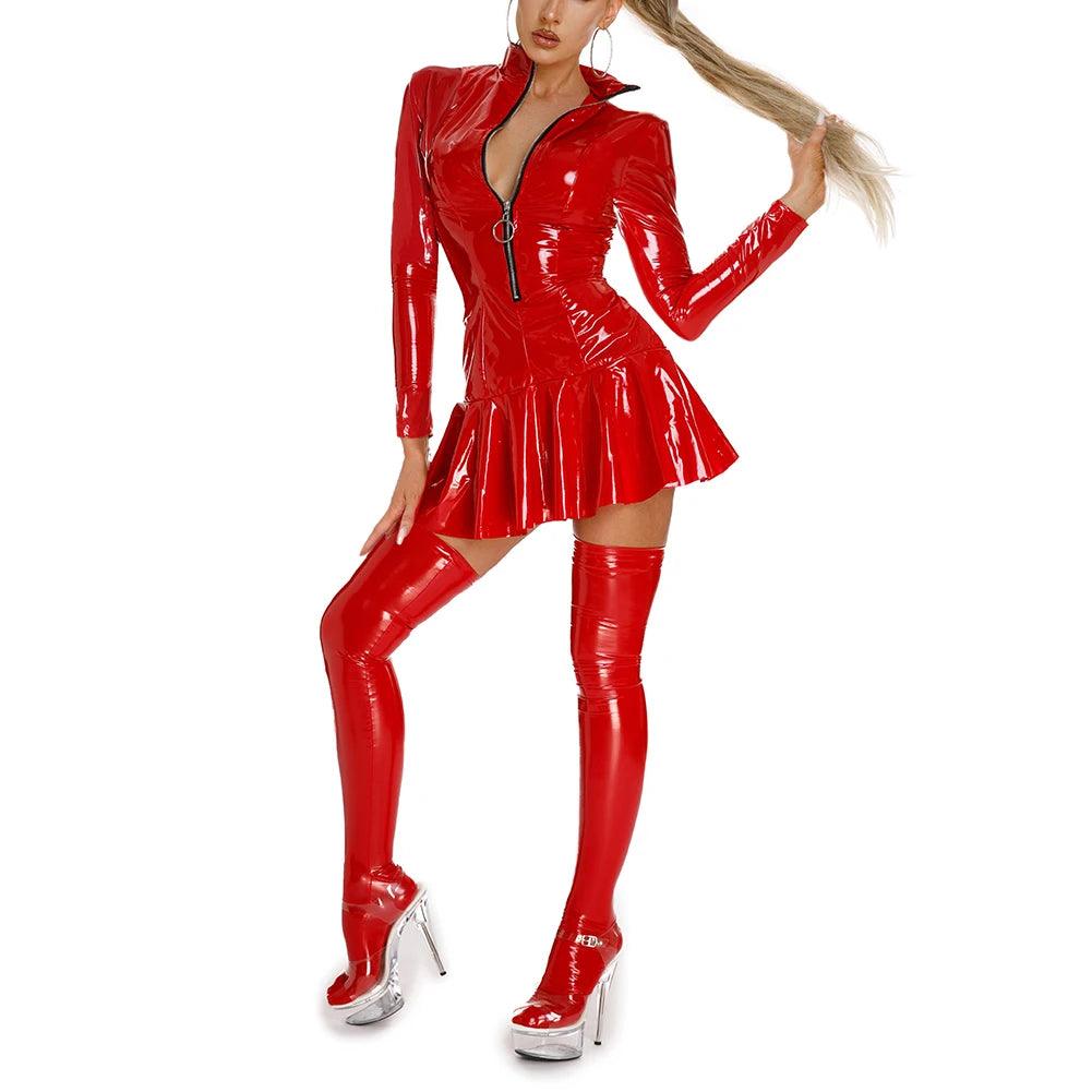 Wet Look PVC Leather Zip-Up Dress | Sexy Fit - Passion Pulse Adult