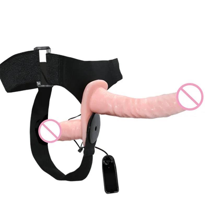 Double Penis Realistic Dildo Vibrator: Ultra Elastic Strap-On Harness for Women - Adult Sex Toy for Lesbians - Passion Pulse Adult