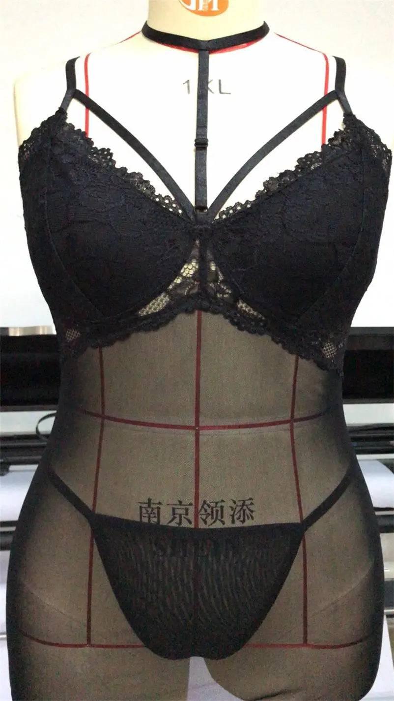 Plus-Size Sheer Lace Lingerie Set with Hollow-Out Design - Deep V Erotic Sleepwear - Passion Pulse Adult