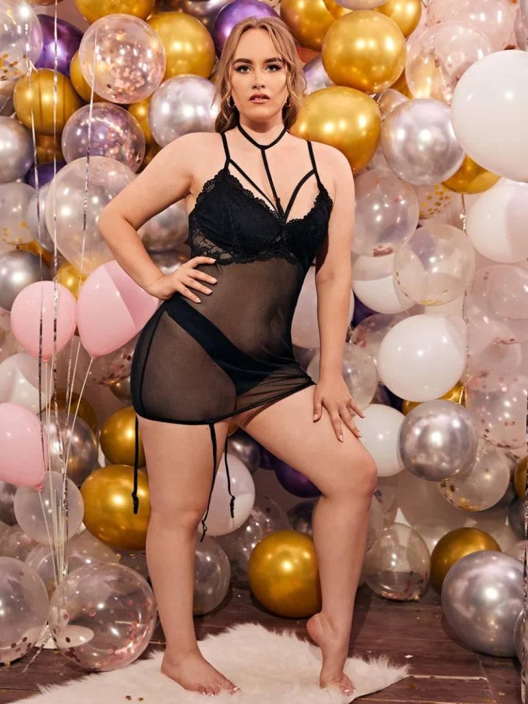 Plus-Size Sheer Lace Lingerie Set with Hollow-Out Design - Deep V Erotic Sleepwear - Passion Pulse Adult