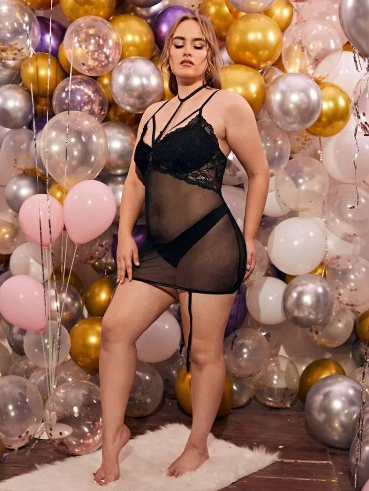 Plus-Size Sheer Lace Lingerie Set with Hollow-Out Design - Deep V Erotic Sleepwear - Passion Pulse Adult