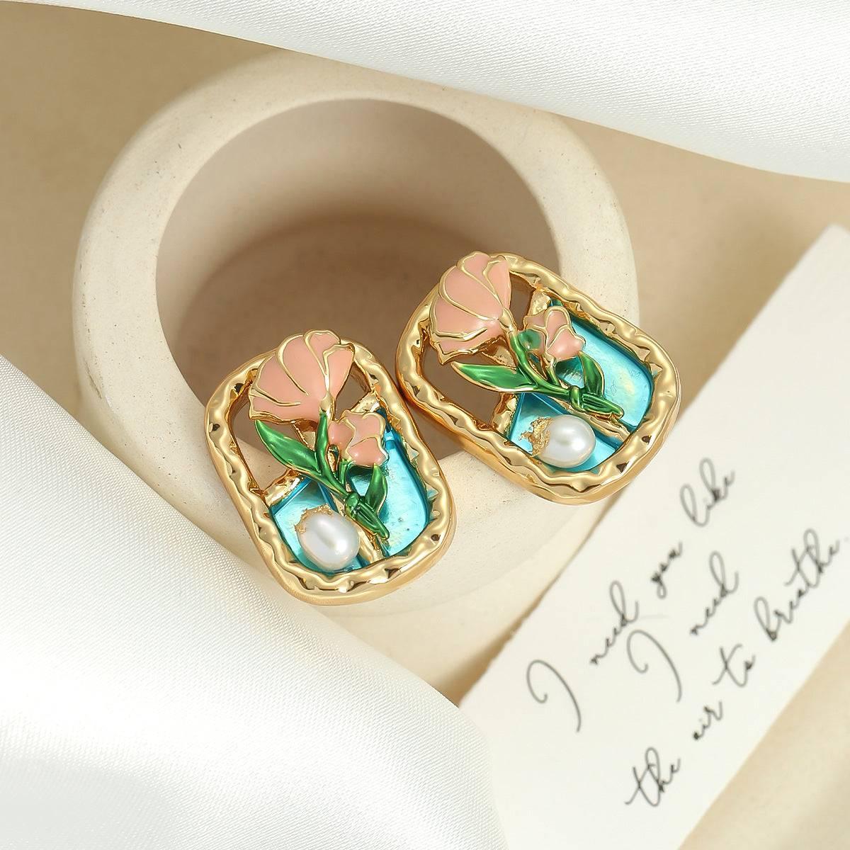 Forest Style Oil Painting Frame Flower Earrings - Passion Pulse Adult