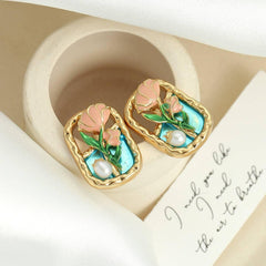 Forest Style Oil Painting Frame Flower Earrings - Passion Pulse Adult