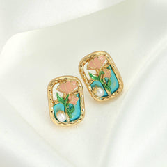 Forest Style Oil Painting Frame Flower Earrings - Passion Pulse Adult