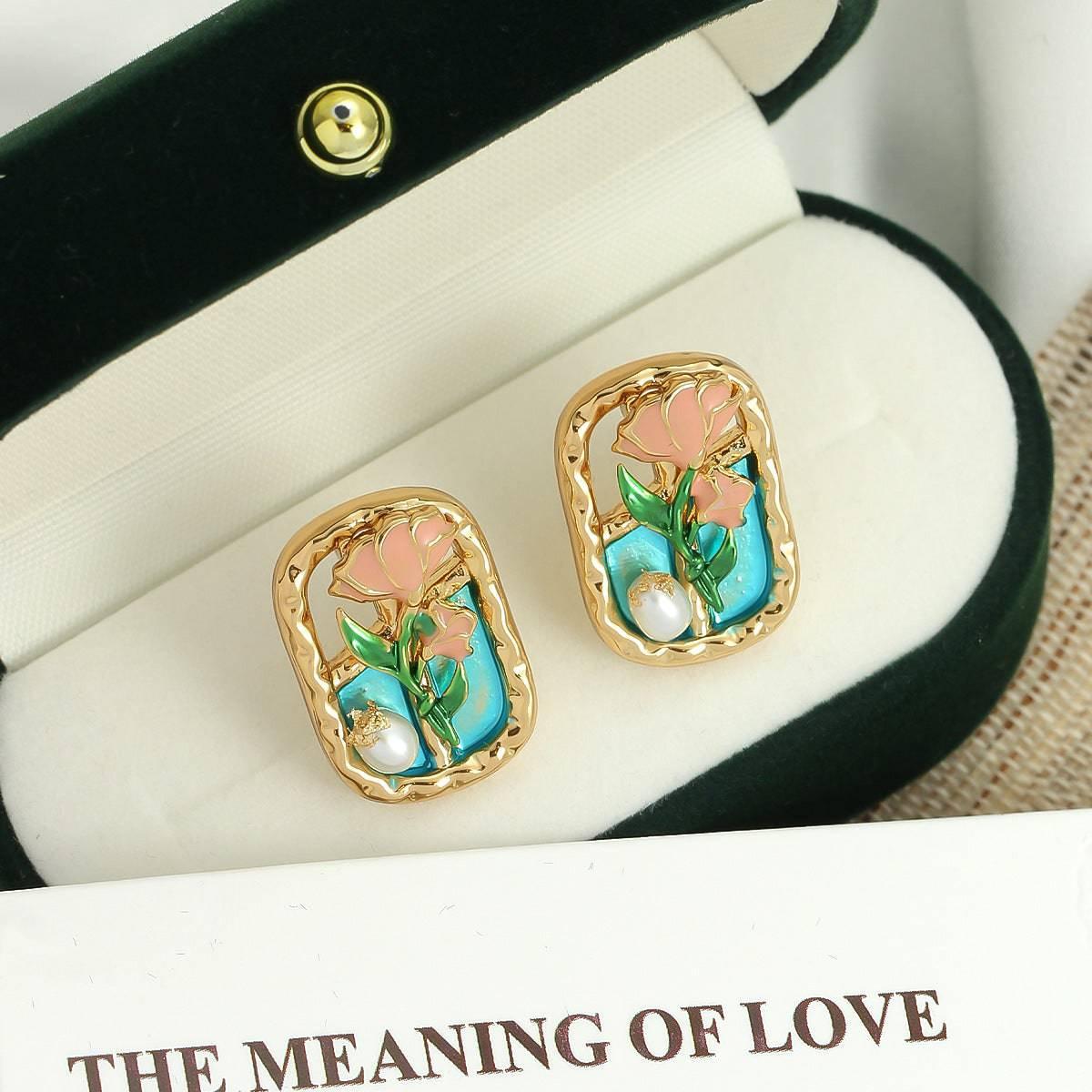 Forest Style Oil Painting Frame Flower Earrings - Passion Pulse Adult