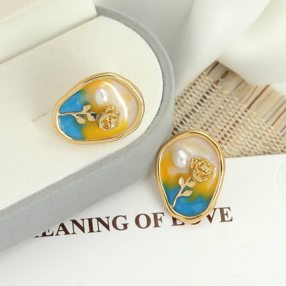 Vintage Enamel Flower Earrings with Oil Painting Effect - Passion Pulse Adult