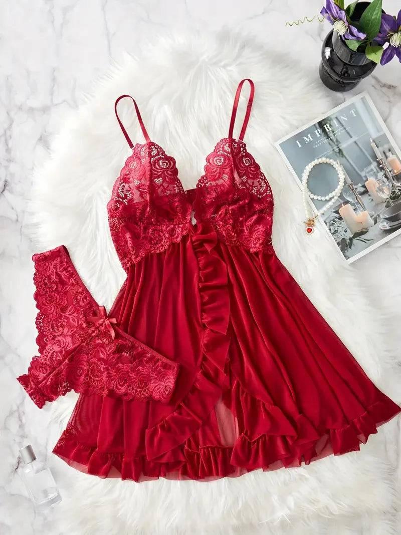 Romantic Lace Ruffle Lingerie Set - Deep V Slip Dress with Matching Thong - Passion Pulse Adult