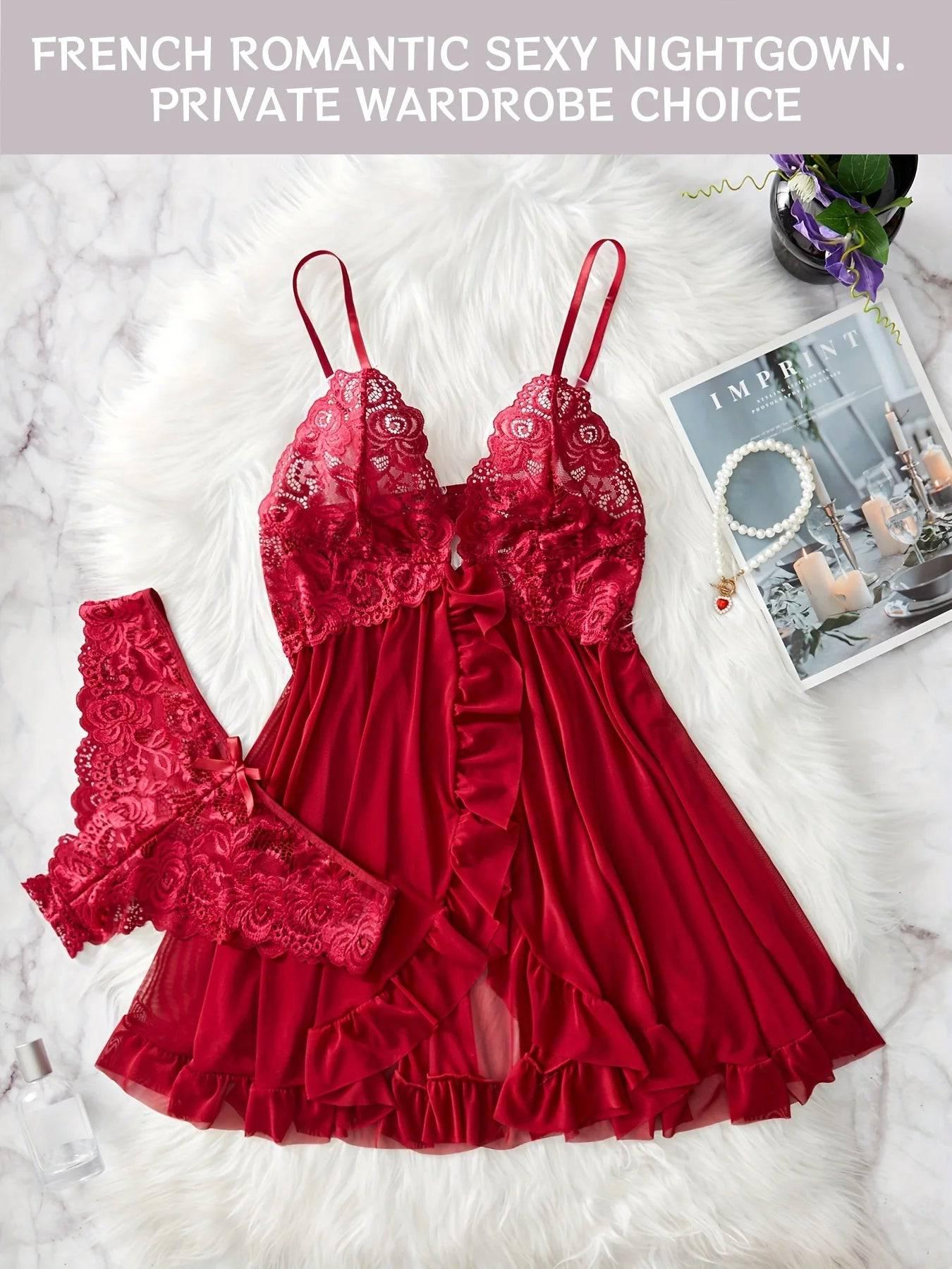 Romantic Lace Ruffle Lingerie Set - Deep V Slip Dress with Matching Thong - Passion Pulse Adult
