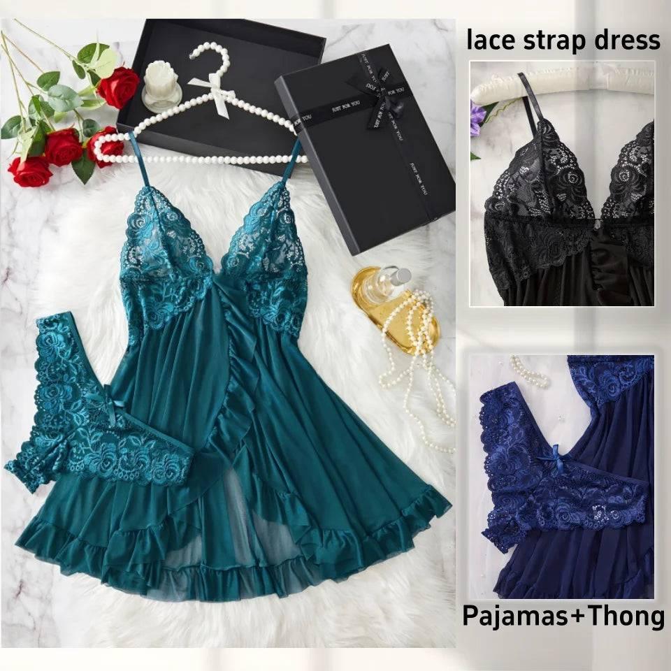 Romantic Lace Ruffle Lingerie Set - Deep V Slip Dress with Matching Thong - Passion Pulse Adult