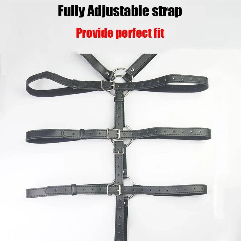 Adjustable Leather Bondage Restraint Harness with Handcuffs and Neck Collar - BDSM Back Restraint Chastity Harness for Couples Roleplay and Fetish Play - Passion Pulse Adult