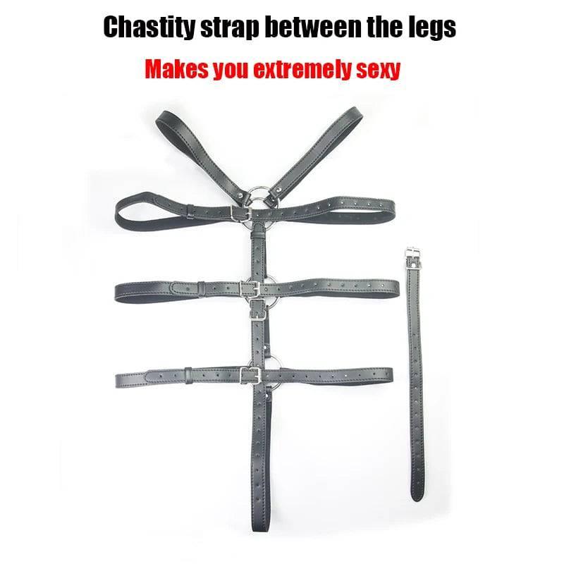 Adjustable Leather Bondage Restraint Harness with Handcuffs and Neck Collar - BDSM Back Restraint Chastity Harness for Couples Roleplay and Fetish Play - Passion Pulse Adult