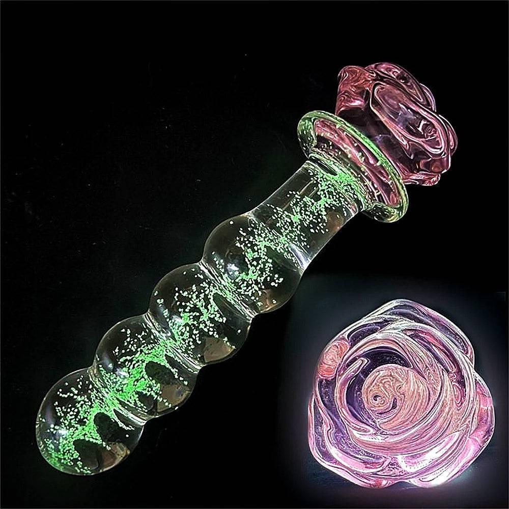 Luminous Pink Rose Glass Anal Plug – Elegant Anal Toy for Women & Men - Passion Pulse Adult