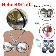 Stainless Steel Bondage Ball Helmet Restraint | Lockable Hood with Handcuffs & Chains | BDSM Slave Hood for Men & Women - Passion Pulse Adult