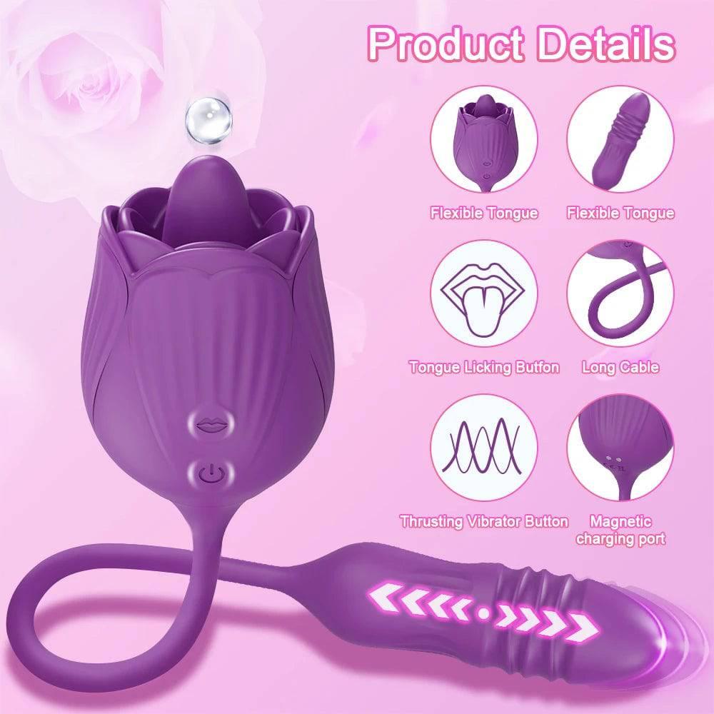 Rose Vibrator with Tongue Licking & Telescopic Dildo - Passion Pulse Adult