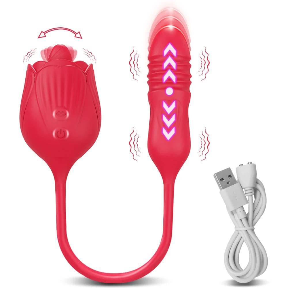 Rose Vibrator with Tongue Licking & Telescopic Dildo - Passion Pulse Adult