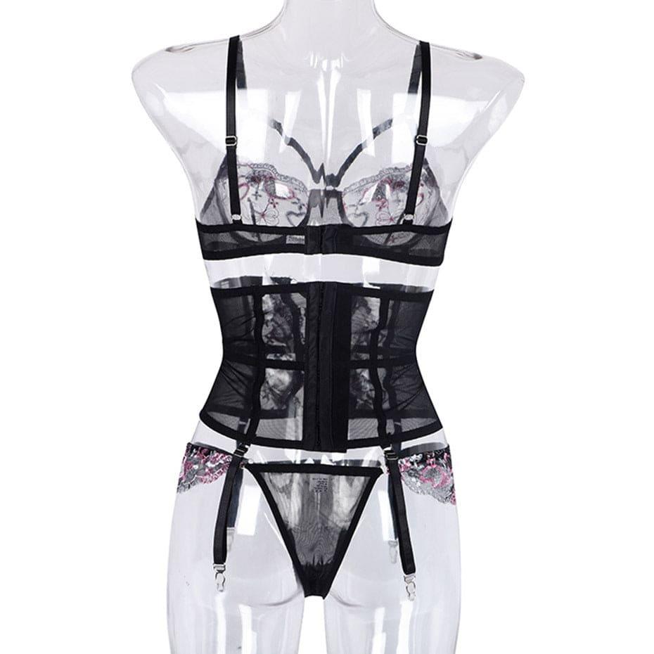 Heart Embroidery Mesh Lingerie Set - Passion Pulse Adult