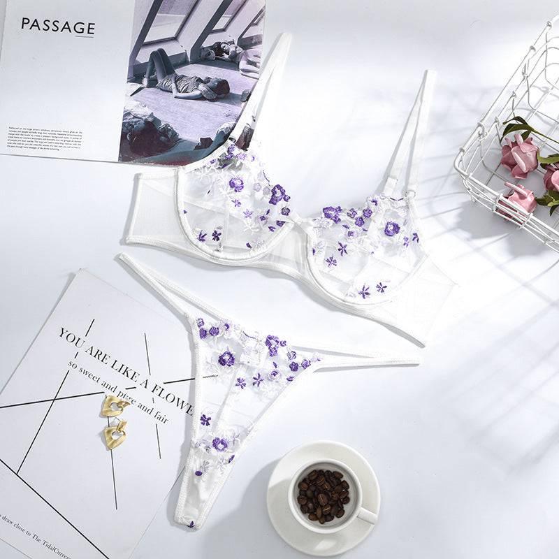 Embroidered mesh lace sexy bust bra set - Passion Pulse Adult