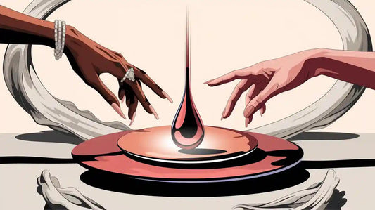 Two hands reaching toward a glowing droplet on a circular base, evoking intimacy and connection.