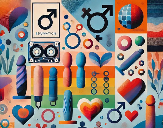 Colorful collage of adult toys, hearts, and gender symbols for intimate wellness and education