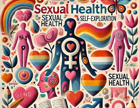 Colorful sexual health & self-exploration illustration with inclusive symbols, hearts, and gender icons