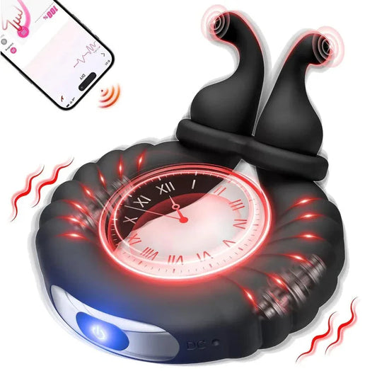 Black rabbit-style vibrator with glowing clock face, app control, and red pulse effects for intimate pleasure.