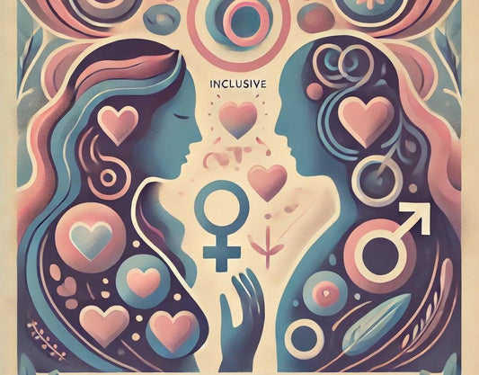 Inclusive love art with male and female symbols, hearts, and abstract designs for adult intimacy products.