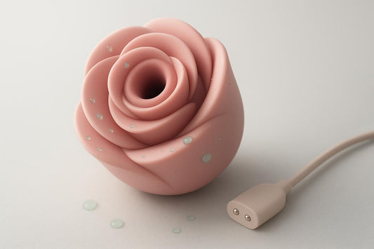 Pink rose-shaped vibrator with charging cable, water droplets on petals