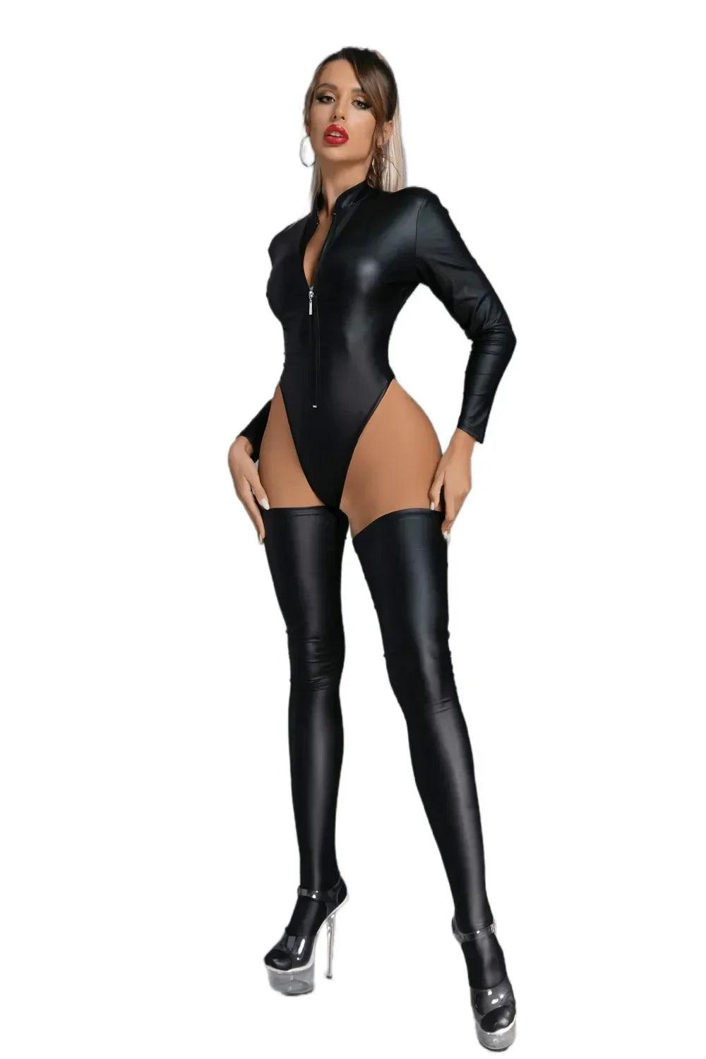 Sexy Wetlook Faux Leather Catsuit – Open Crotch PVC Latex Bodysuit with Stockings - Passion Pulse Adult