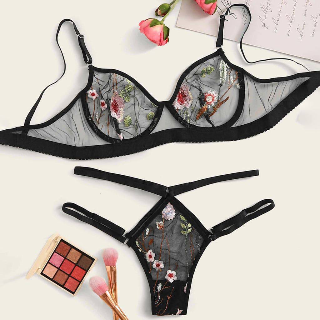 Sexy lingerie lace French sexy embroidery bra set black see-through