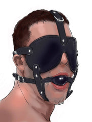 Leather Head Harness with Mouth Gag and Blindfold | BDSM Silicone Ball Gag Mask for Couples Roleplay & Bondage Games 18+