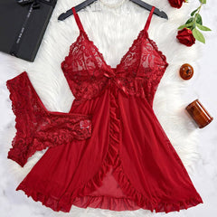 Seductive Red Lace Babydoll Nightdress with Matching Panty - See-Through Sexy Sleepwear