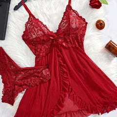 Seductive Red Lace Babydoll Nightdress with Matching Panty - See-Through Sexy Sleepwear