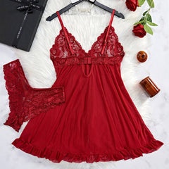 Seductive Red Lace Babydoll Nightdress with Matching Panty - See-Through Sexy Sleepwear