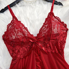 Seductive Red Lace Babydoll Nightdress with Matching Panty - See-Through Sexy Sleepwear