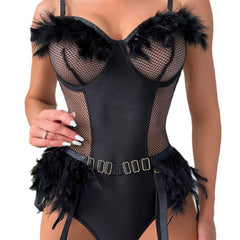 Backless Bodysuit with Feathers