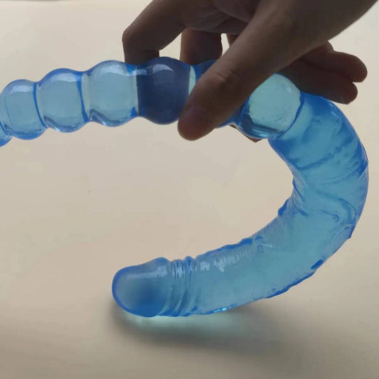 A Blue Transparent, Soft, and Elastic Dual-purpose Female Masturbator with U-shaped Double Dildo Soft Jelly for Same-sex Sex Toy