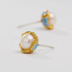 Exquisite Enamel Flower Ear Studs adorned with New Freshwater Pearls