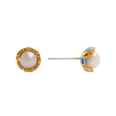 Exquisite Enamel Flower Ear Studs adorned with New Freshwater Pearls